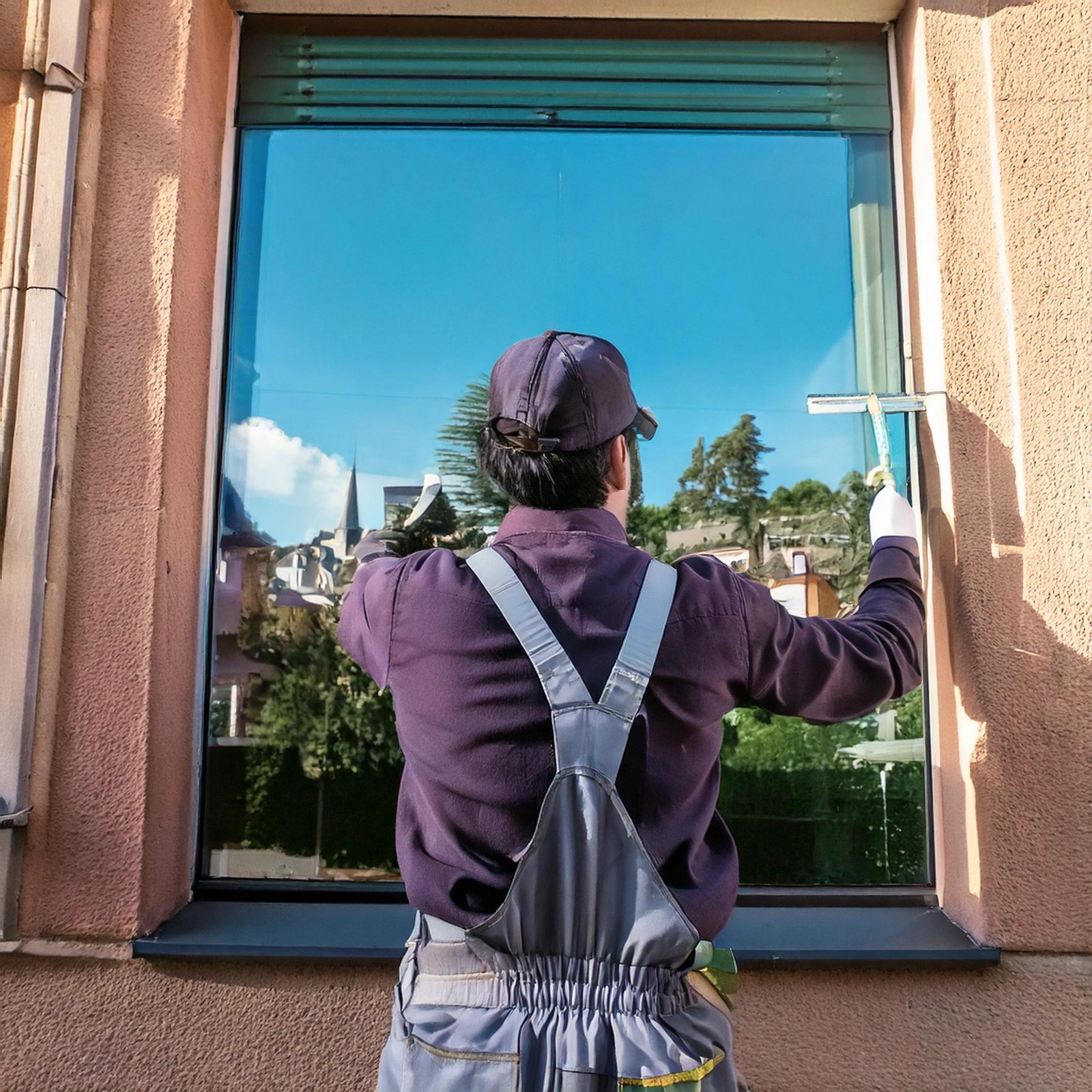 Homme qui nettoie des vitres chez un particulier
